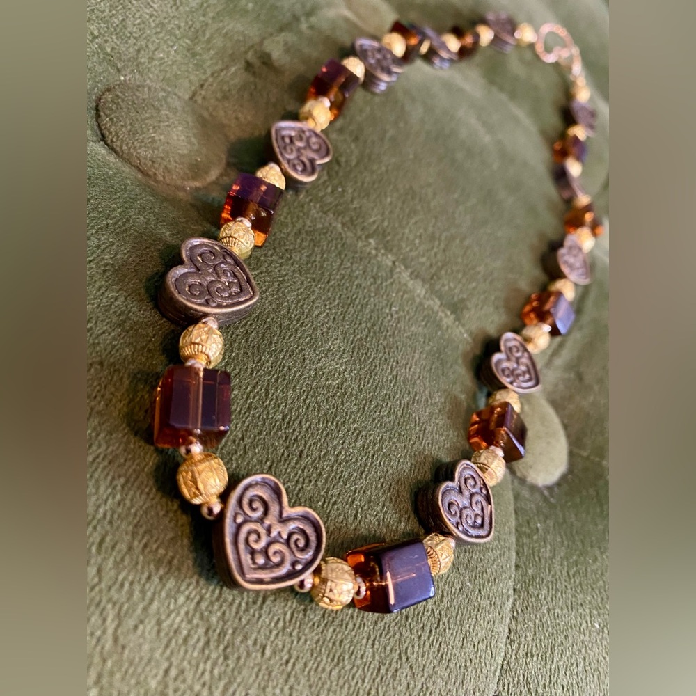 Metal Heart & Square Glass Beaded Necklace brown & Goldplated spacers handmade